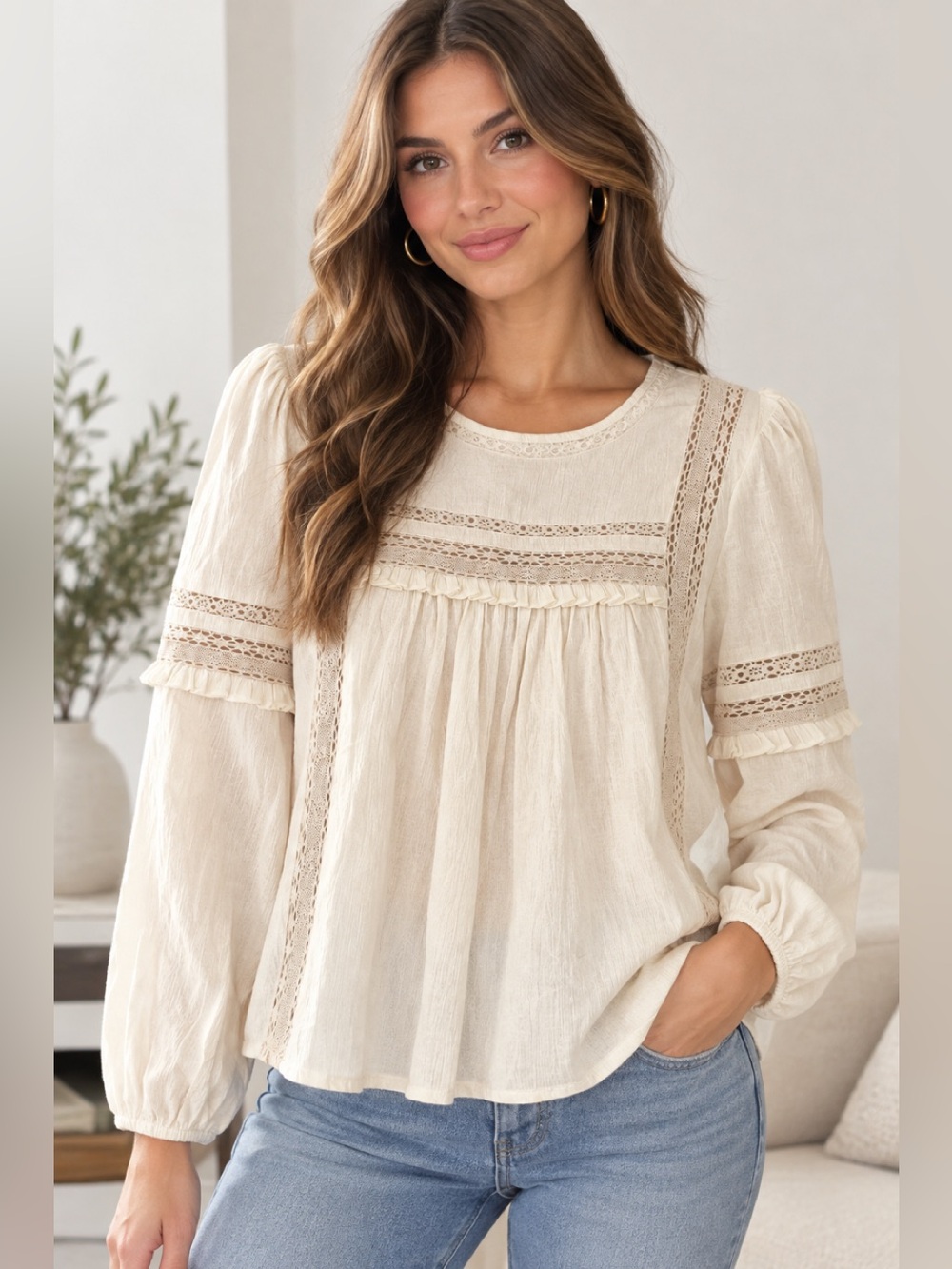 American Eagle Outfitters Cream Lace-Trim Peasant Tunic Top